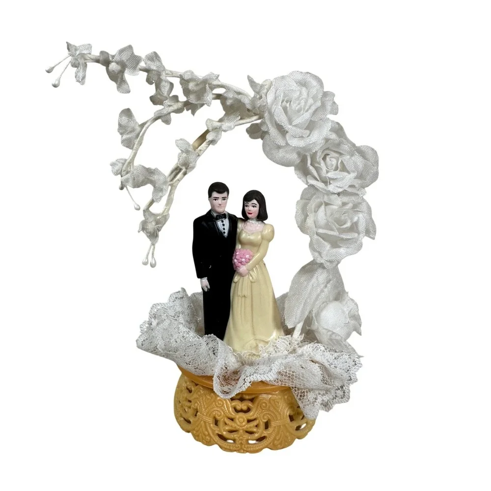 Vintage Bride and Groom Wedding Cake Topper Floral Arch Lace Base 6 Inch